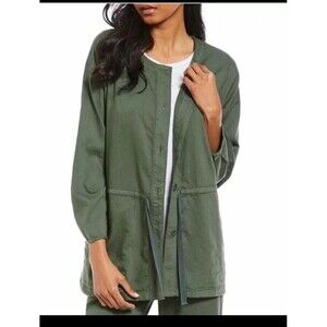 Eileen Fisher Jacket Women PETITE SMALL Army Green Military Drawstring Mandarin
